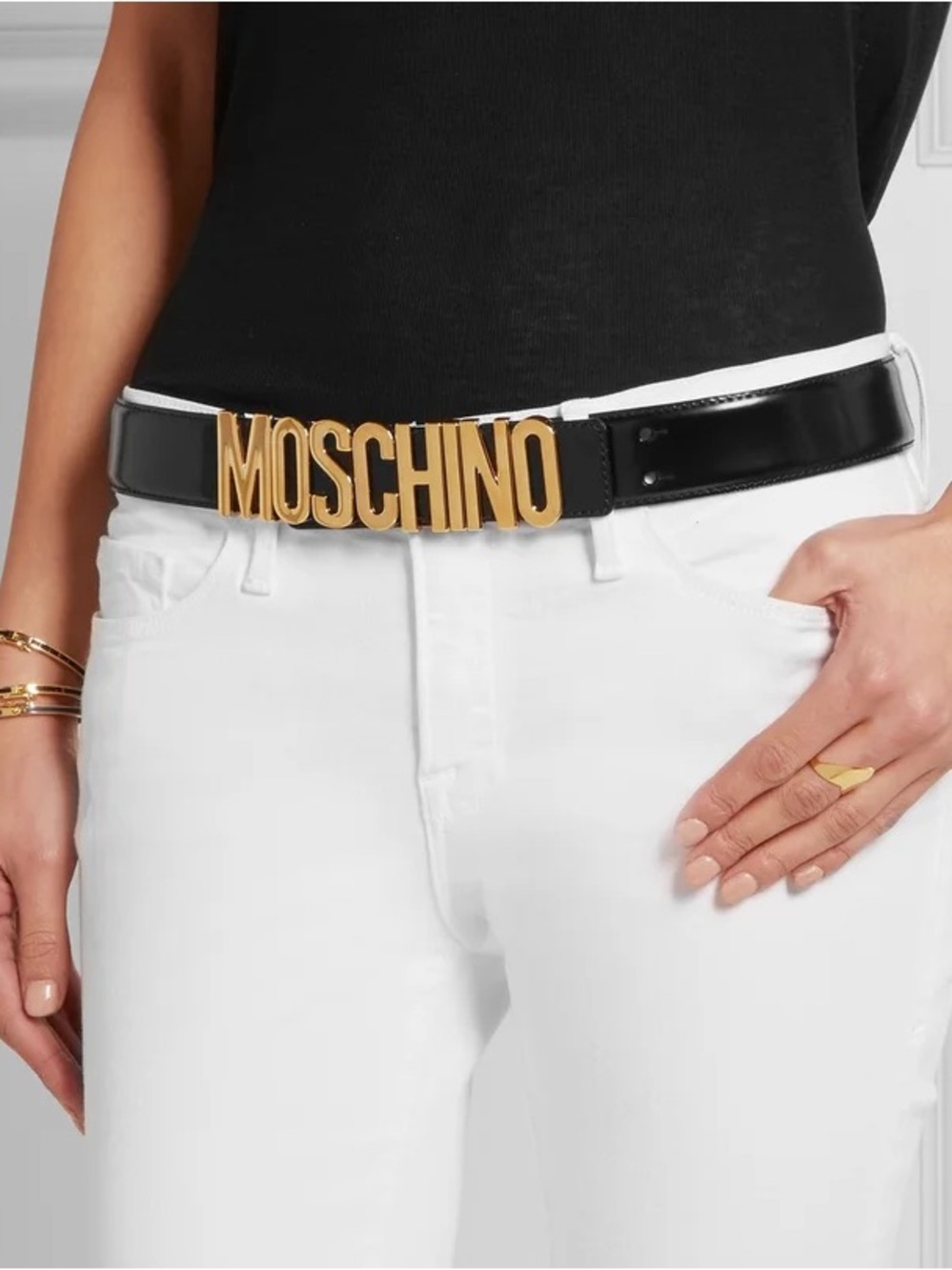 Moschino Black Leather Logo Belt with Gold Hardware